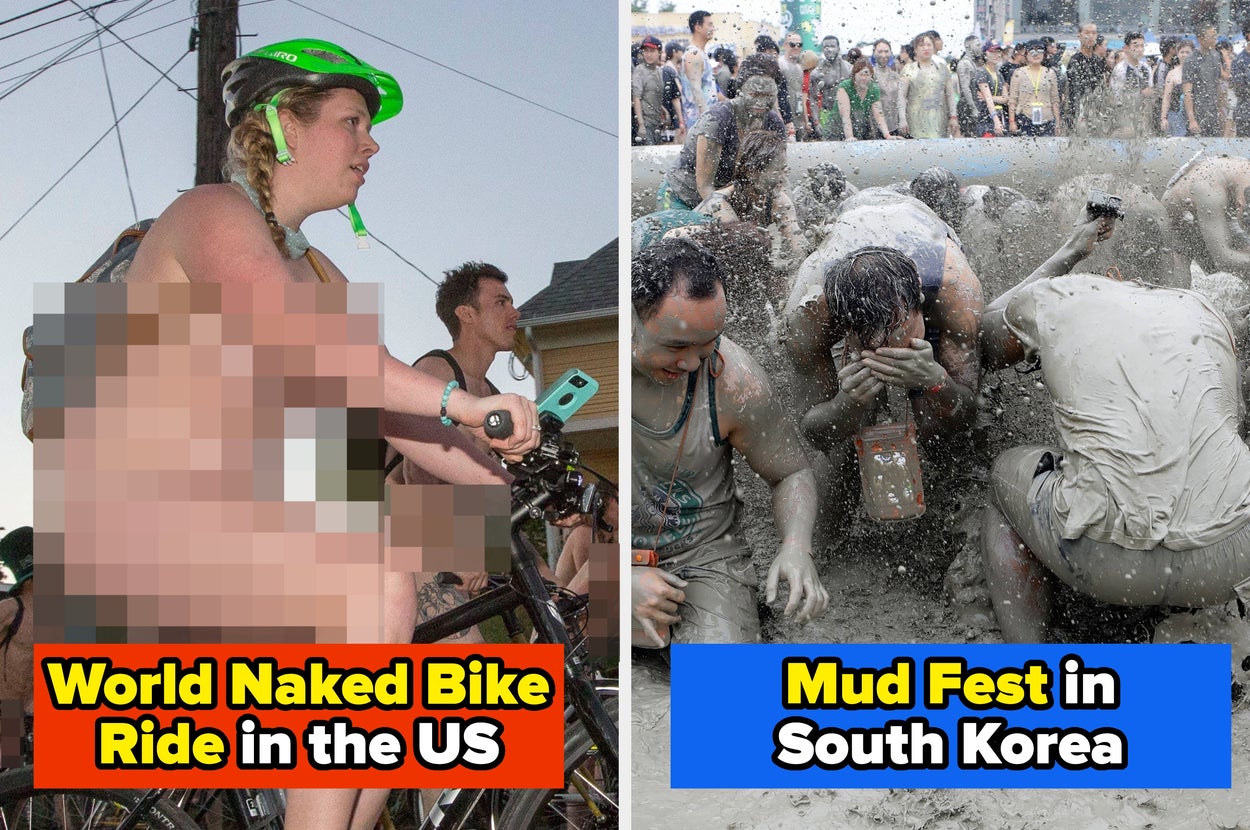 Left: Cyclist in a helmet at a naked bike ride event. Right: Two people in vibrant cultural attire at a festival, focusing on their expressions