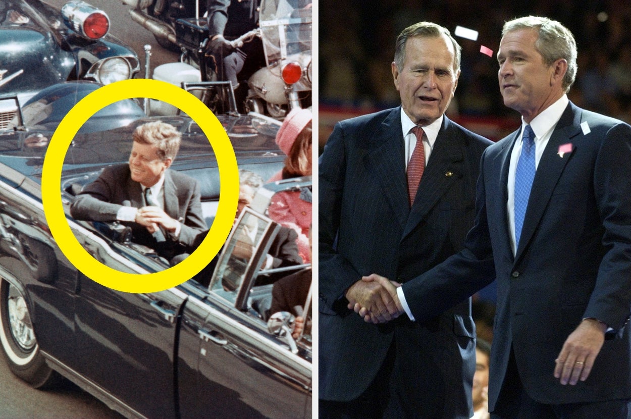 Left: Historical convertible parade moment. Right: Two men in suits shaking hands at an event