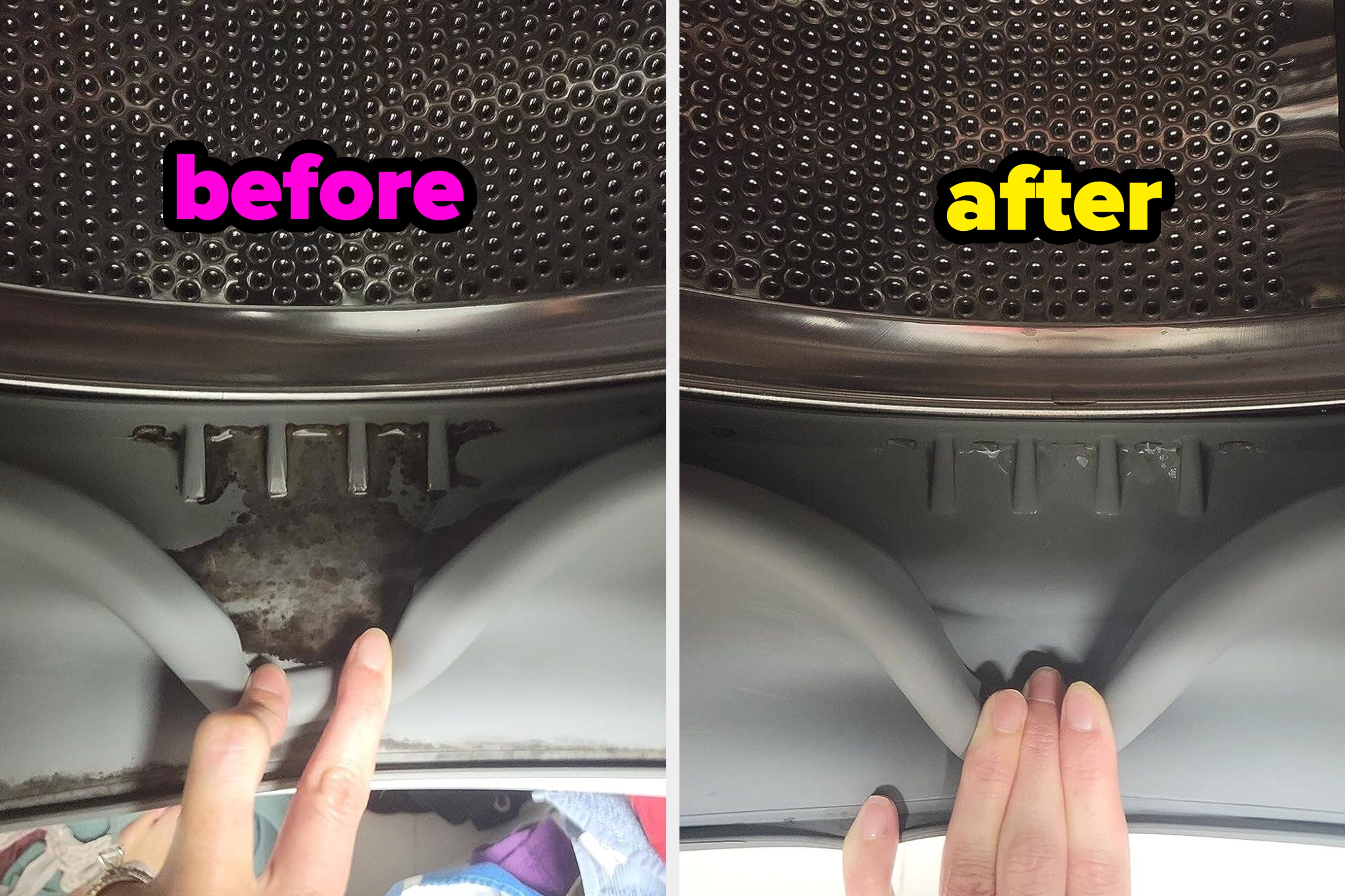 Washing machine inside, split view: left shows dirtiness, right shows cleanliness, illustrating a cleaning product's effectiveness