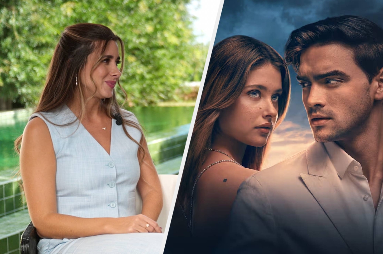 A woman in a light, sleeveless outfit sits outdoors. Next to her is a poster of a dramatic scene with a couple in intense focus