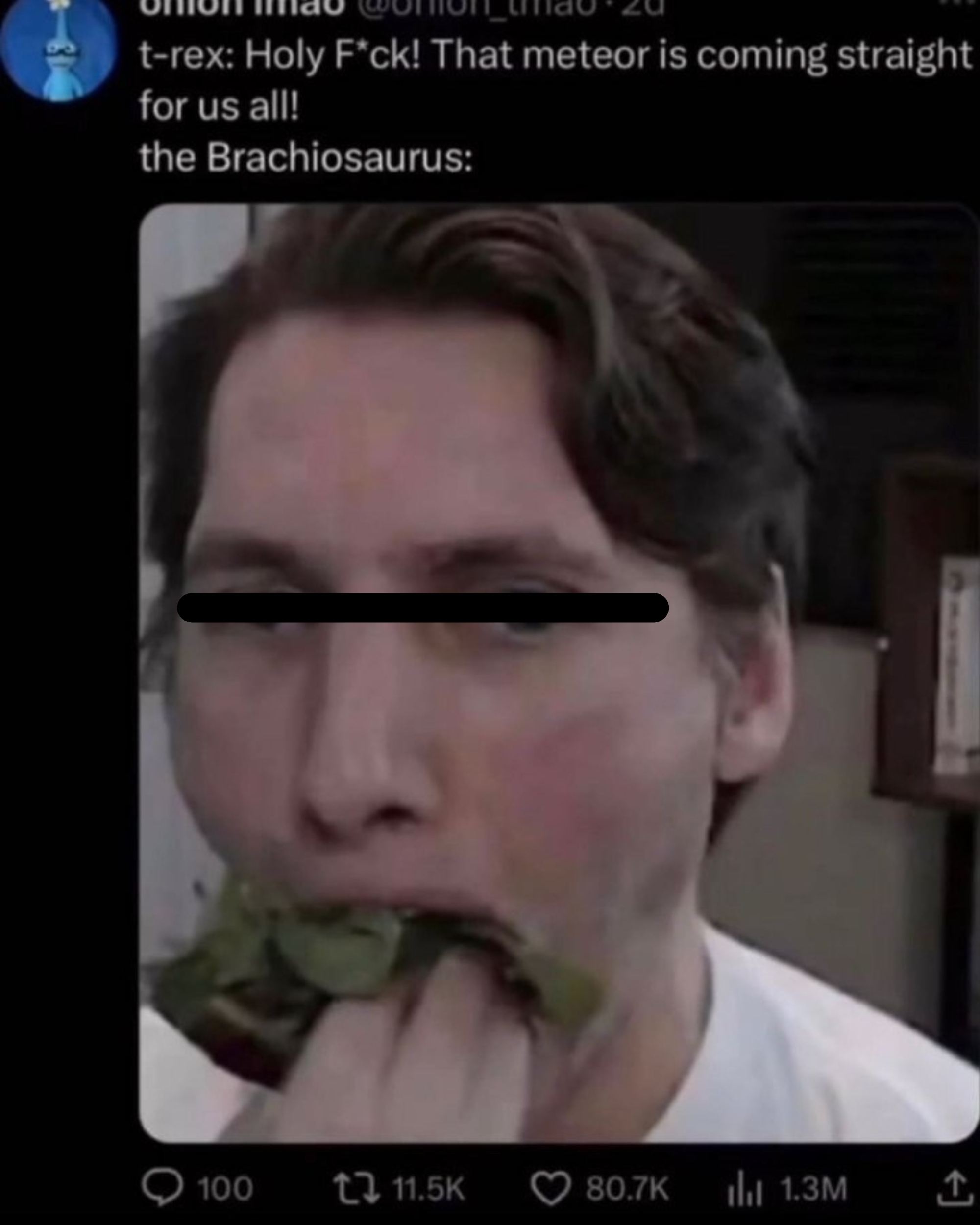 A person humorously mimicking a dinosaur eating leaves, captioned as a joke about a meteor approaching