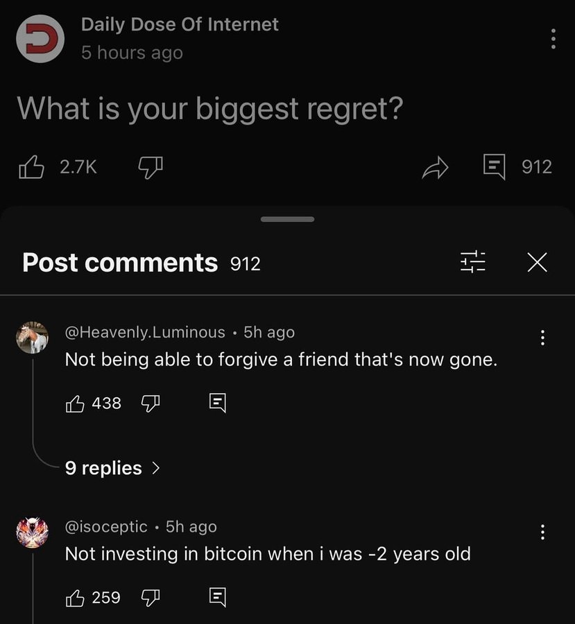 A social media post asks about regrets. Comments include missing a chance to forgive a friend and not investing in bitcoin at a young age