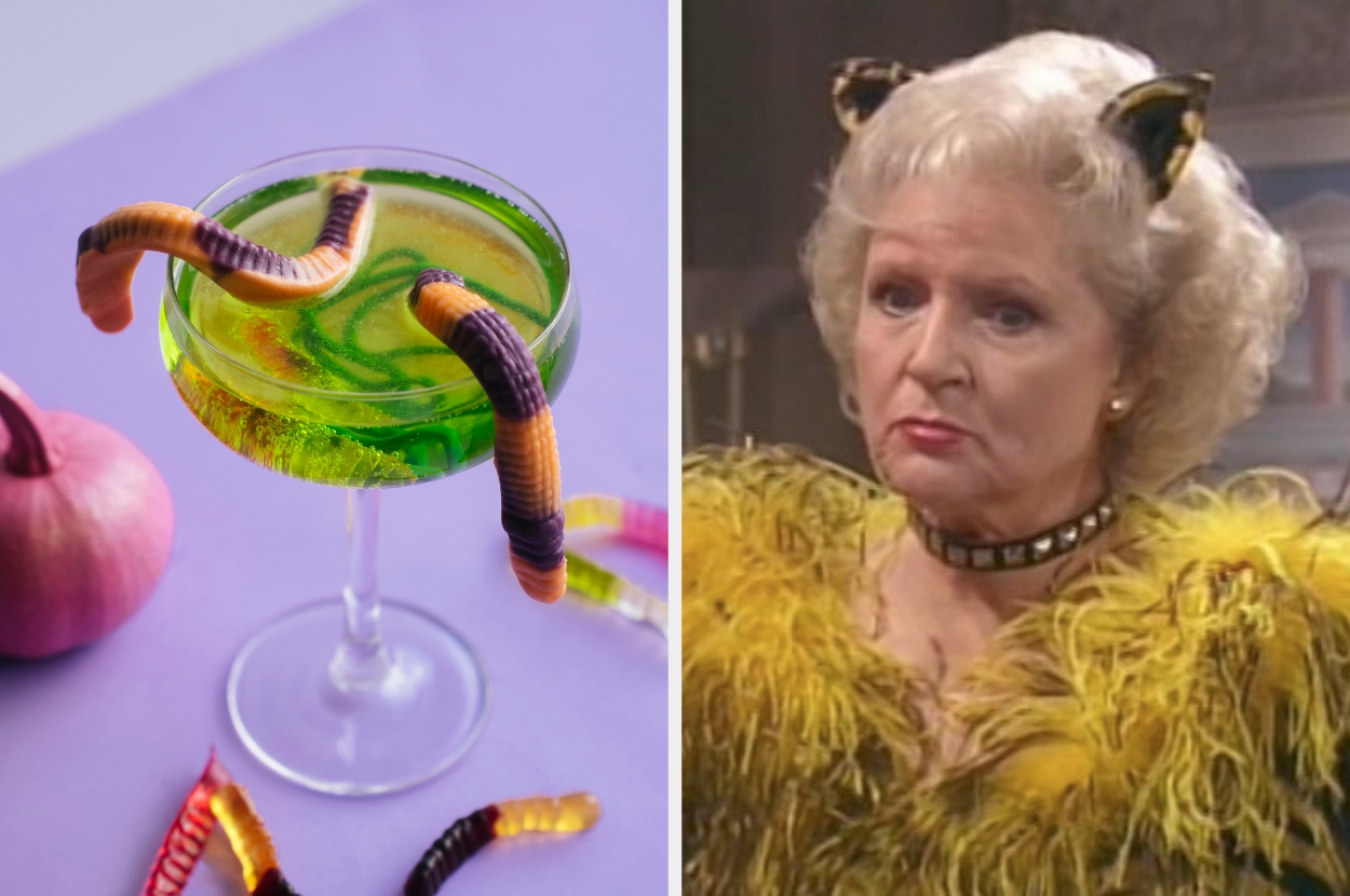 Cocktail with gummy worms on the left; Bea Arthur as her character Dorothy Zbornak from the television show The Golden Girls in a cat costume on the right