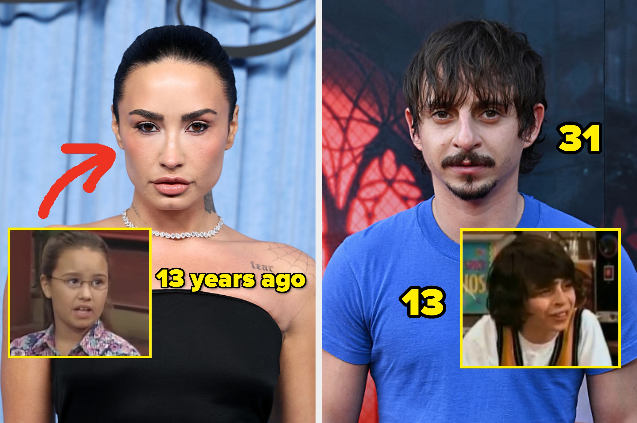 Demi Lovato today vs 13 years ago at 10; Moisés Arias at 31 vs 13 on Hannah Montana