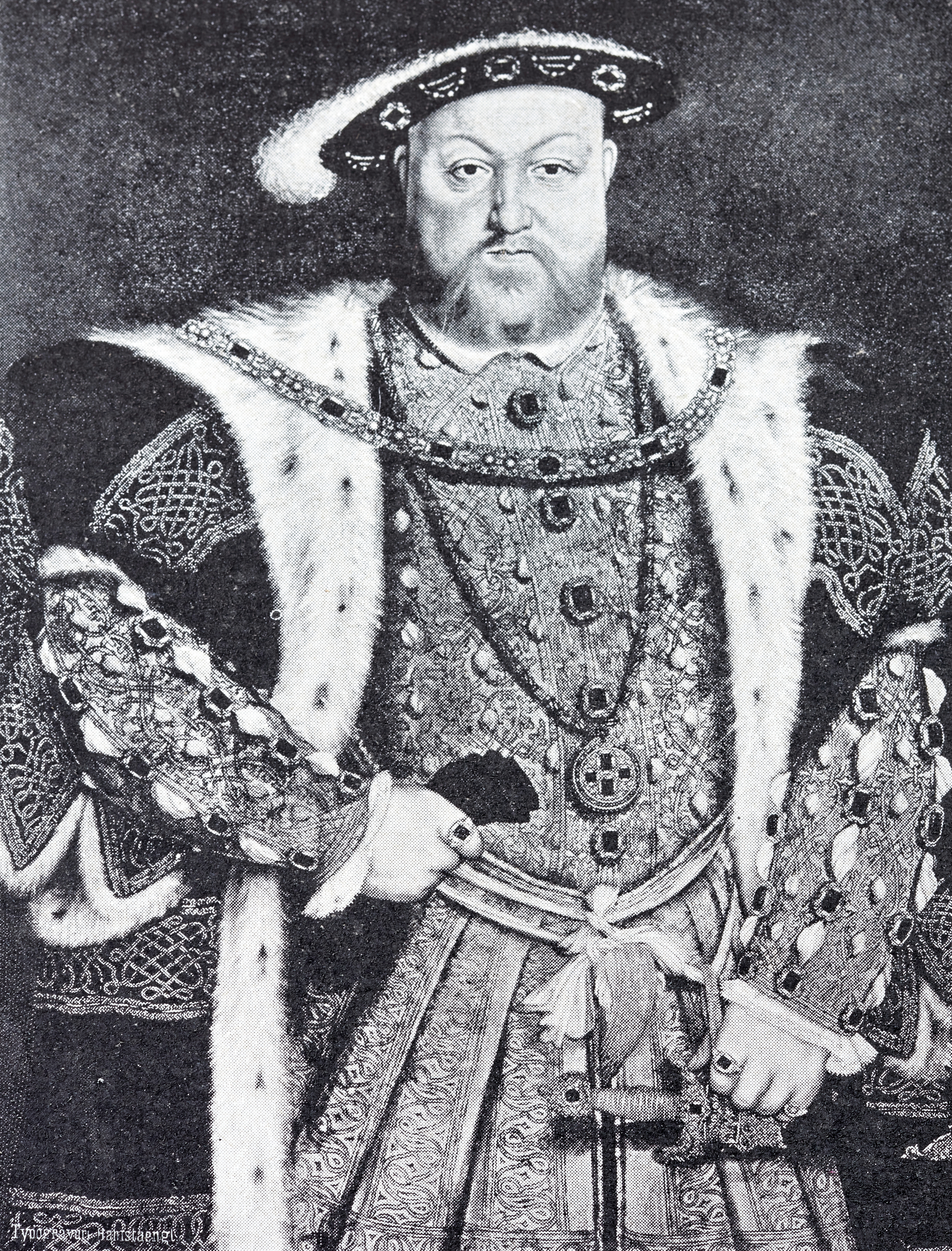 A historic portrait of a regal figure in elaborate attire with fur-lined coat, large necklace, and hat, likely depicting a king from the Renaissance era