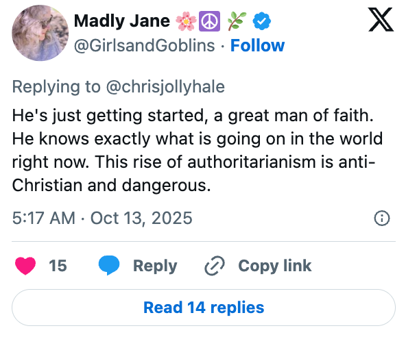 A social media post from @GirlsandGoblins defending someone as a "great man of faith" and criticizing authoritarianism as anti-Christian and dangerous