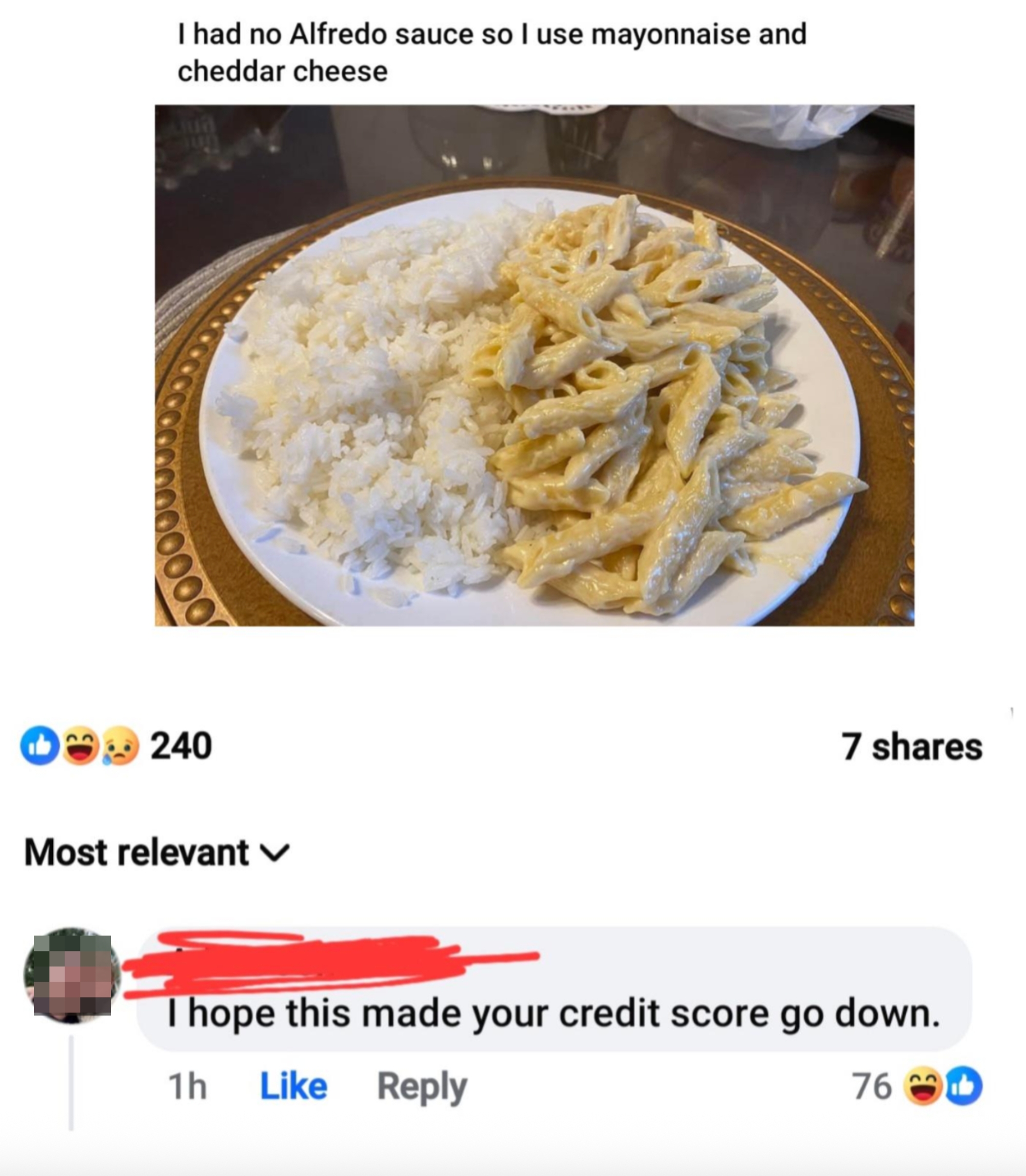 Plate with mayonnaise pasta and rice; humorous remark  beneath  says they anticipation  it affects the chef’s recognition  people     negatively