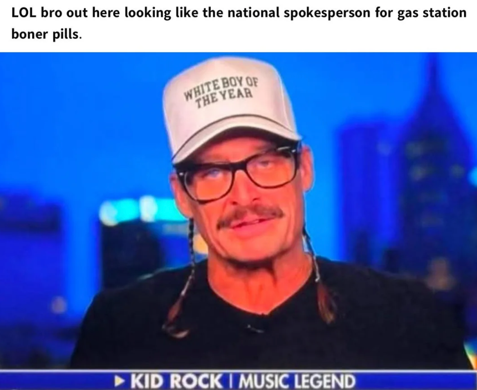 Kid Rock connected  TV wearing a chapeau  speechmaking  "White Boy of the Year." Text supra  jokes astir  his quality  resembling a state  presumption    merchandise  spokesperson