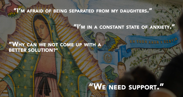 Mural of religious figure with quotes expressing fear, anxiety, and a plea for support