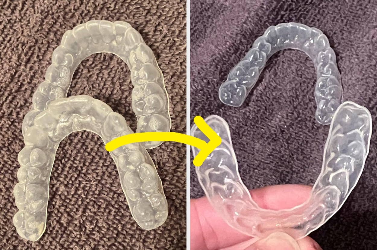 Two clear dental aligners shown before and after being cleaned, indicating improved transparency. A yellow arrow highlights the transformation
