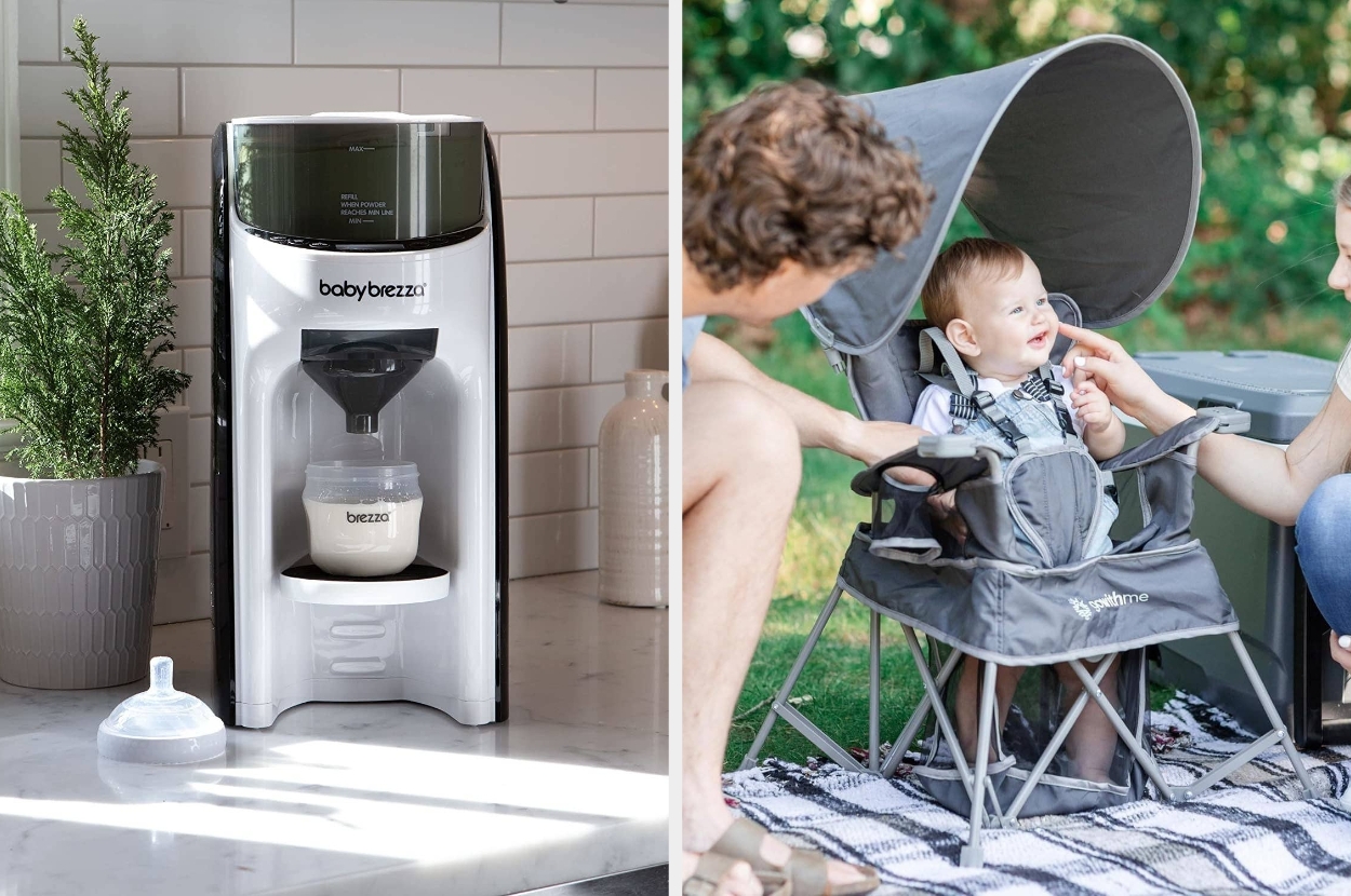 Baby Brezza formula dispenser on a counter next to a bottle and a seated baby in a portable high chair outdoors, attended by adults