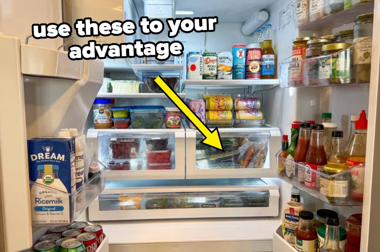 Open refrigerator filled with various foods and condiments, with text "use these to your advantage" and an arrow pointing to a drawer
