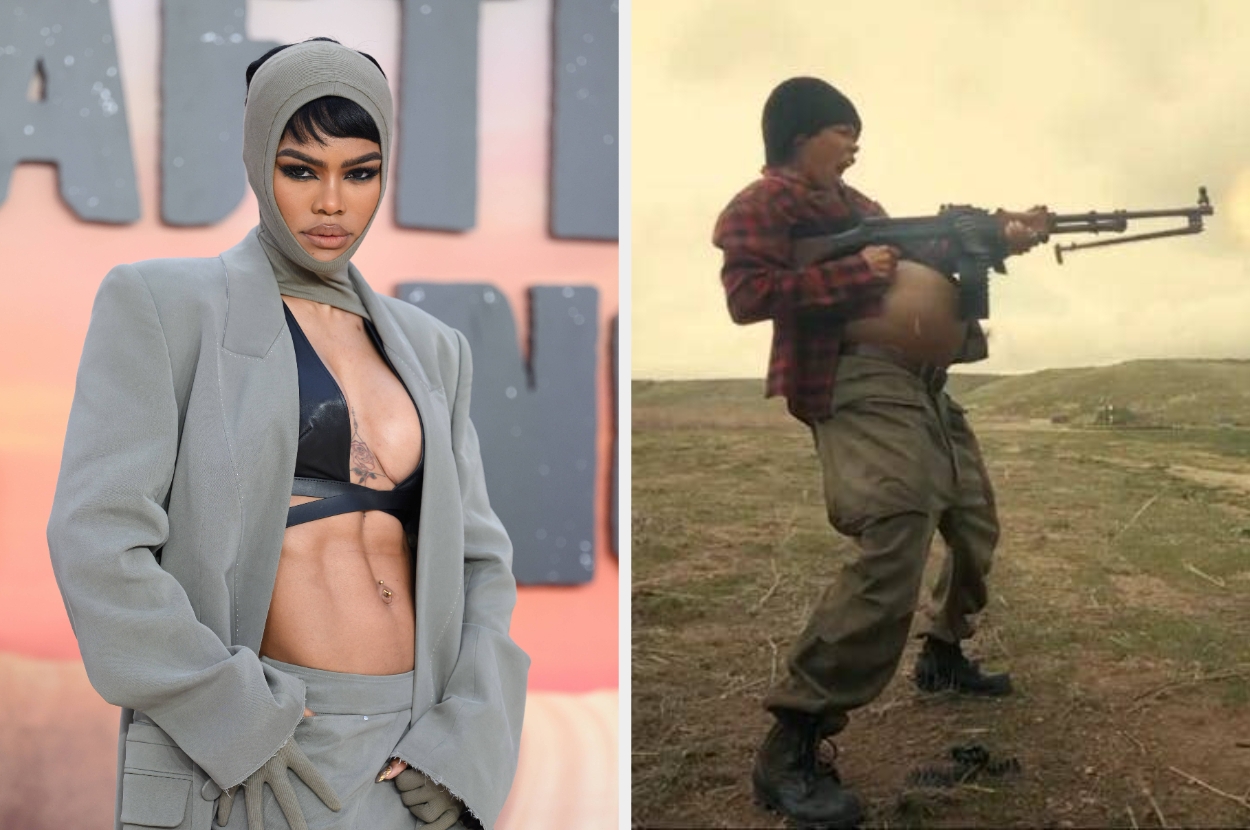 Left: Person in stylish outfit with cut-out blazer and headscarf. Right: Person outdoors playfully posing with a toy gun