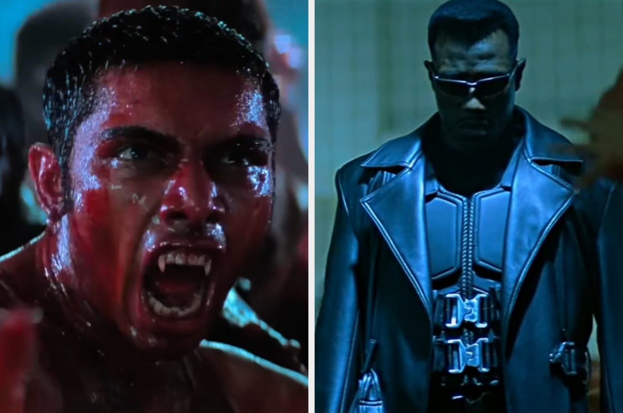 Two intense film scenes: Left shows a man with mouth open and face bloodied. Right features a man in a leather coat and sunglasses, exuding a tough demeanor