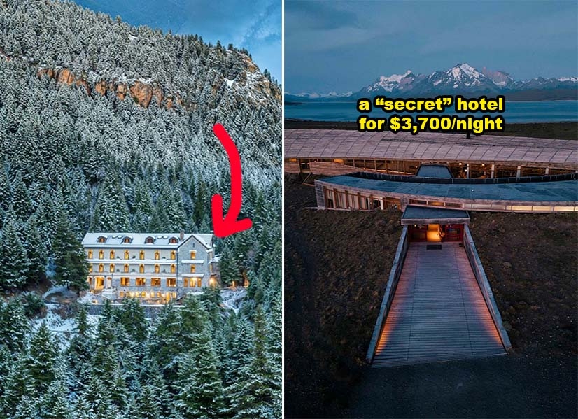 Mountain hotel amid trees with snowy landscape on left. Modern hotel with entrance walkway and mountain backdrop on right. Text mentions $3,700/night cost