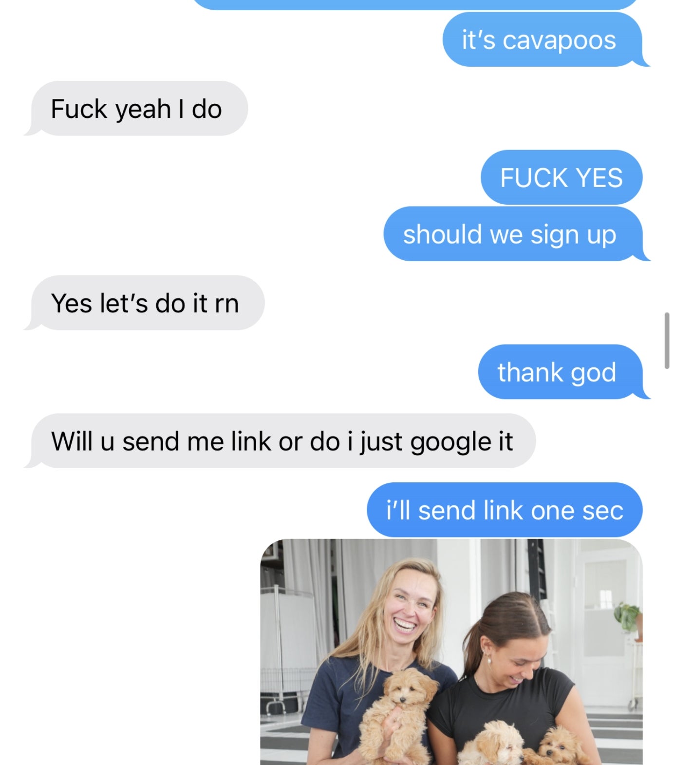 Tekstmeldingsutveksling planlegger valpeyoga med Cavapoos; to kvinner på et bilde som holder valper