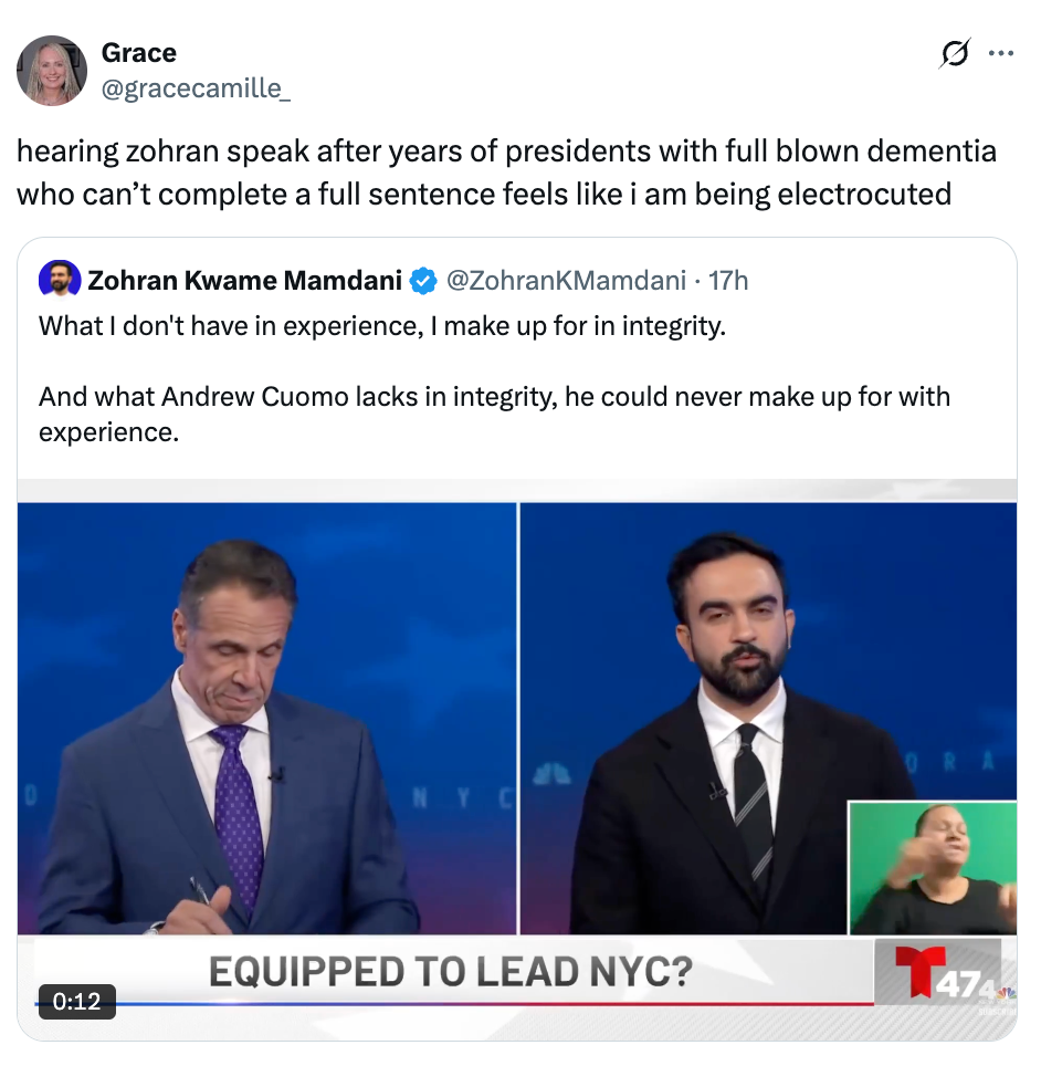 Screenshot of a Twitter thread featuring a news broadcast. The discussion mentions Zohra Mamdani criticizing Andrew Cuomo's leadership abilities