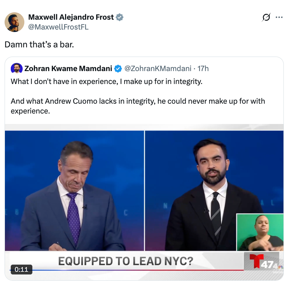 Tweet by Maxwell Alejandro Frost highlights a comment comparing Andrew Cuomo's experience with integrity, implying experience can't replace integrity