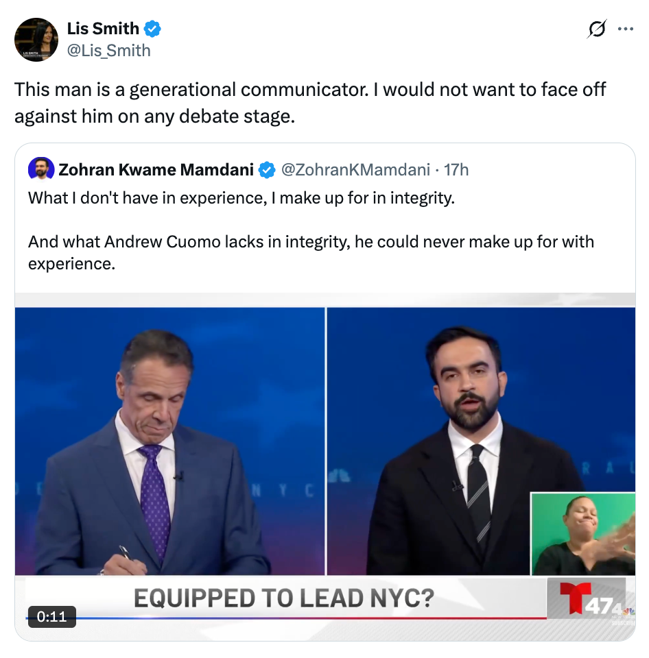 An image showing a tweet exchange debating leadership abilities related to Andrew Cuomo, with accompanying news broadcast screenshot featuring two speakers