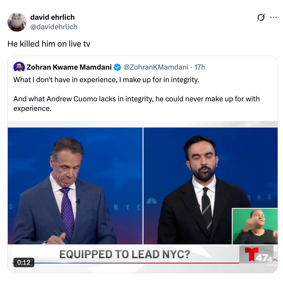 Televised debate screenshot with Andrew Cuomo looking down and another person speaking, tweet text reading, "He killed him on live TV."