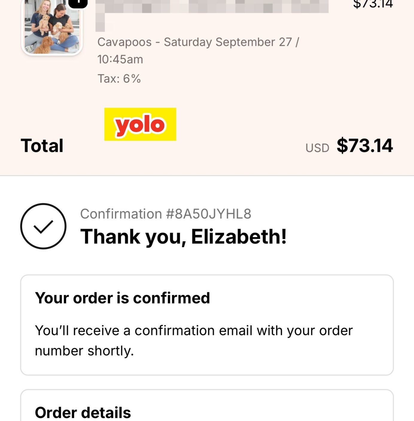 Ordrebekreftelse for Valper &amp; Yoga 27. september, totalt $73,14. Inkluderer klasse i Washington - Adams Morgan Studio