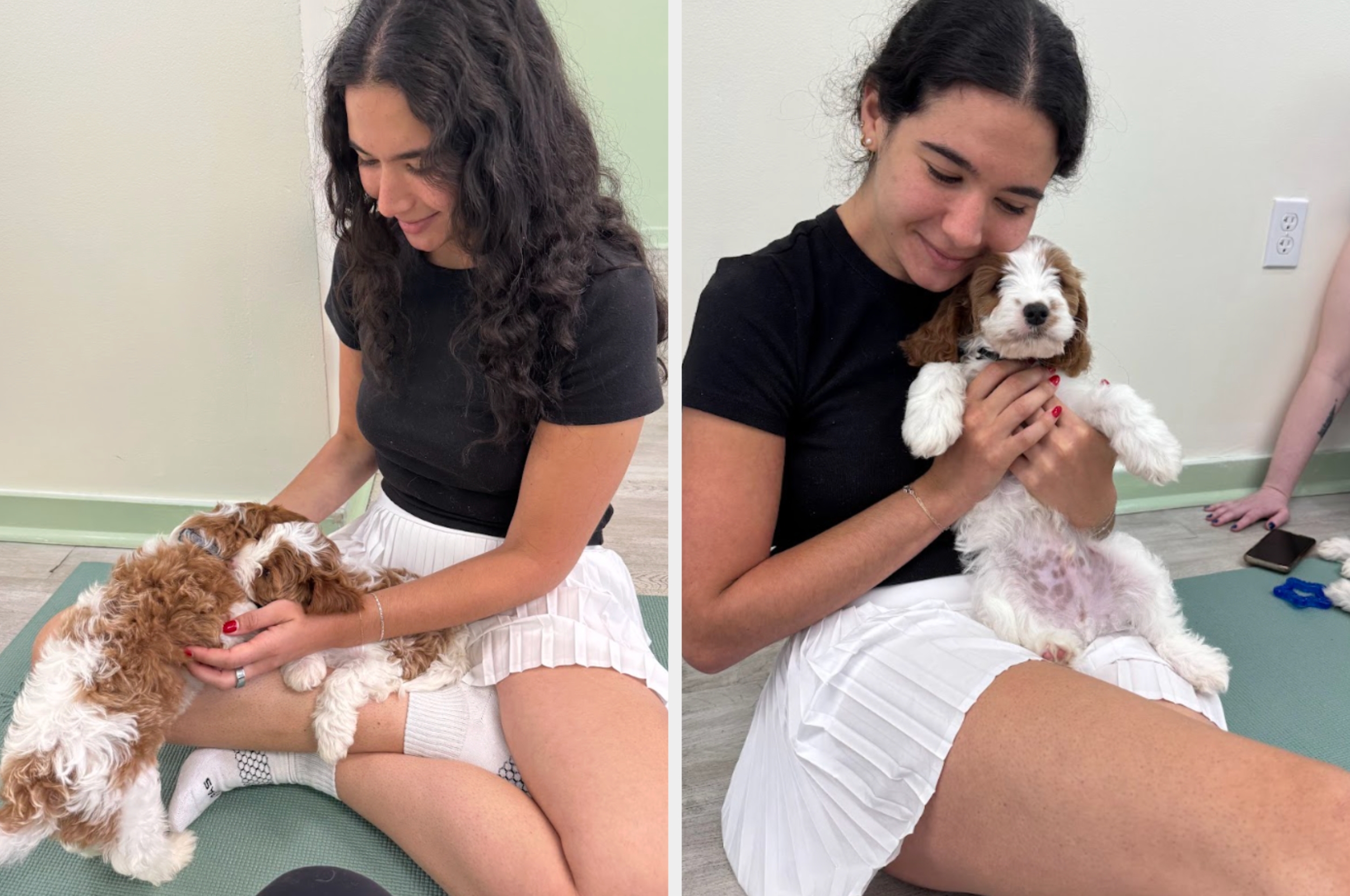 To bilder av en person som sitter i kors, holder en liten, luftig hund, begge virker avslappede og smilende innendørs