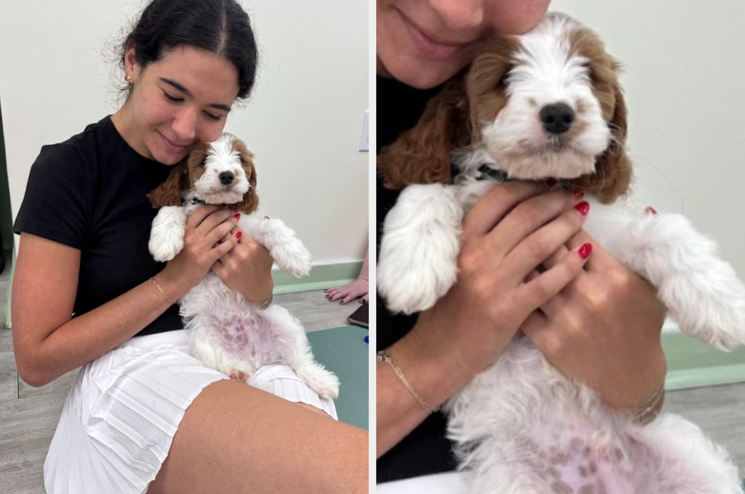 Woman joyfully holding a fluffy puppy in her lap, both looking content and relaxed