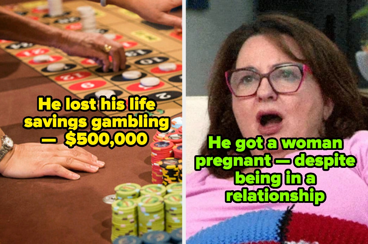 Split image: Left shows a roulette table with text about a gambling loss. Right shows a surprised person with text about getting a woman pregnant while in a relationship