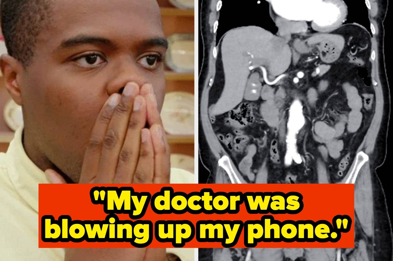 Person looking shocked next to a medical scan. Text: "My doctor was blowing up my phone."
