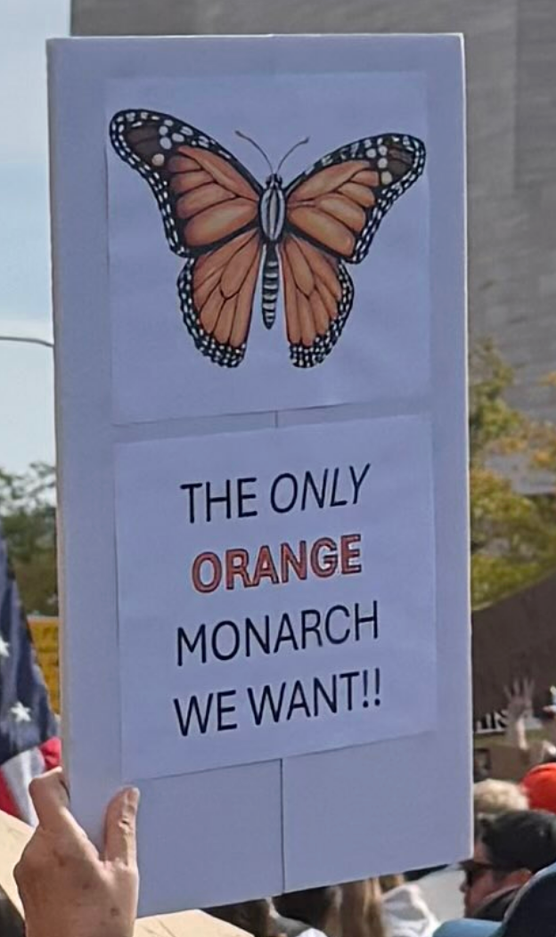 Protester holds a sign with a butterfly image and text: "THE ONLY ORANGE MONARCH WE WANT!!" in a public demonstration setting
