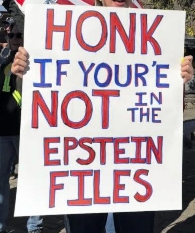 Person holds a protest sign reading, "Honk if you're not in the Epstein files."