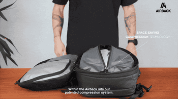 Person demonstrating a backpack with compression strategy for space-saving. Text highlights