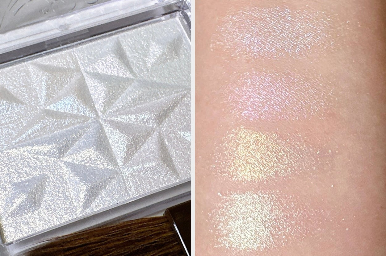 ハイライターのコンパクト、幾何学模様のプレス。ブラシ付き。シャンパンカラーの輝き。