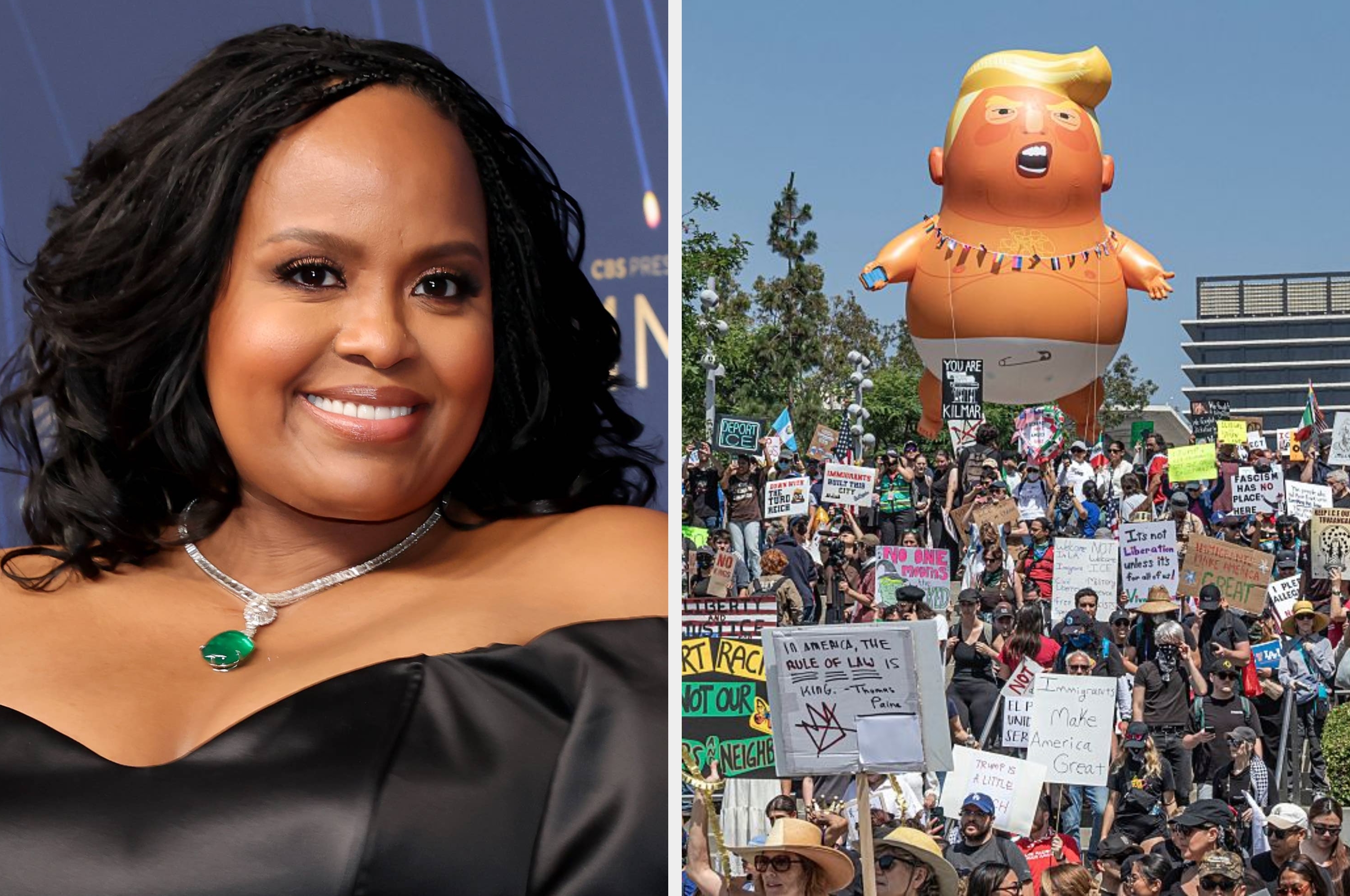 Left: Person smiling, wearing gold hoop earrings and a black outfit. Right: Person in a suit sitting among church clerics, circled in yellow