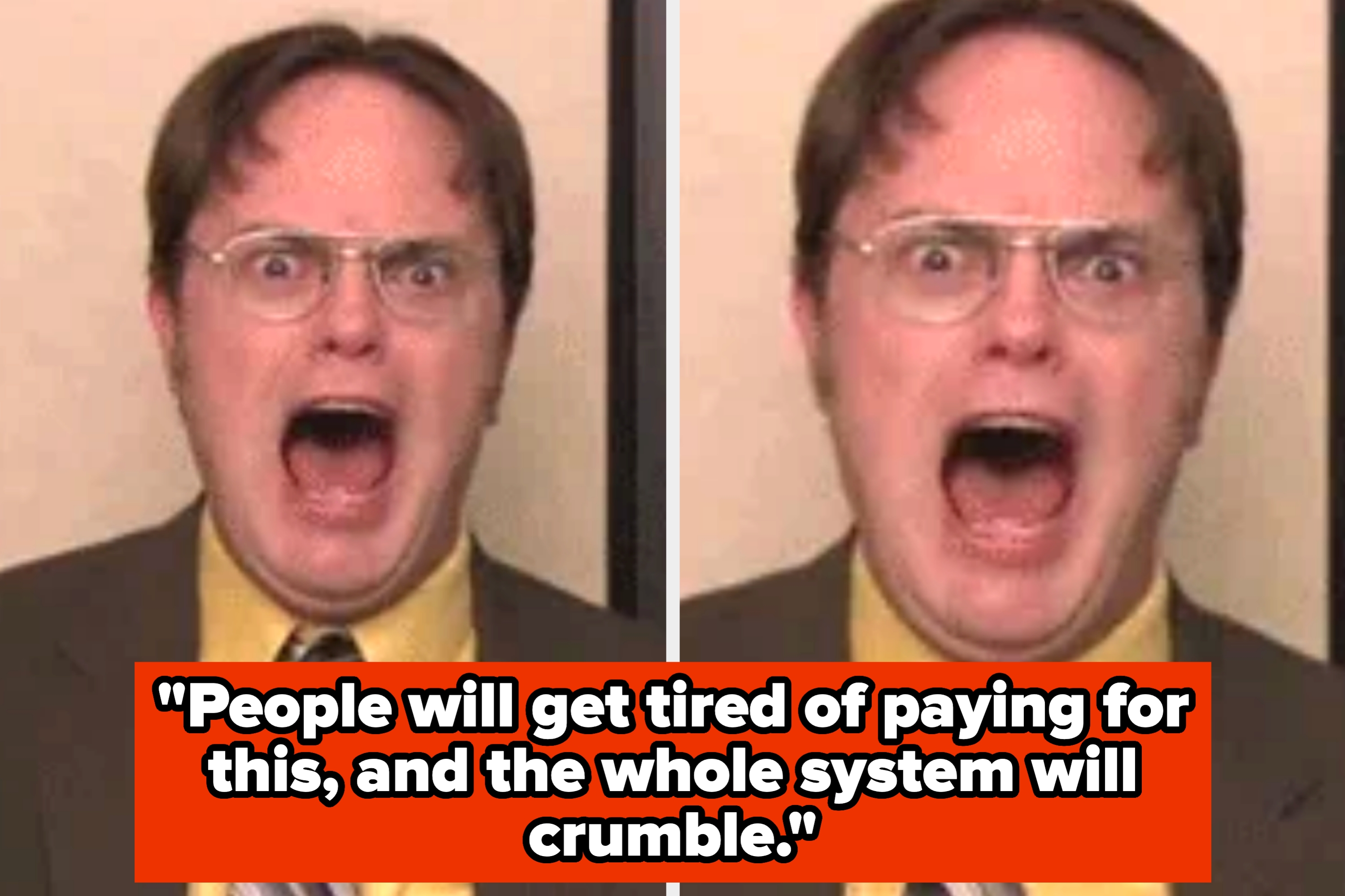 Animated character dressed as banana humorously warns about banana extinction to seated man