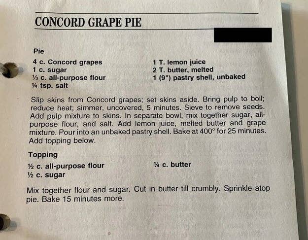 Recipe for Concord Grape Pie: Instructions for pie and topping ingredients, with steps for preparation and baking at 400°F