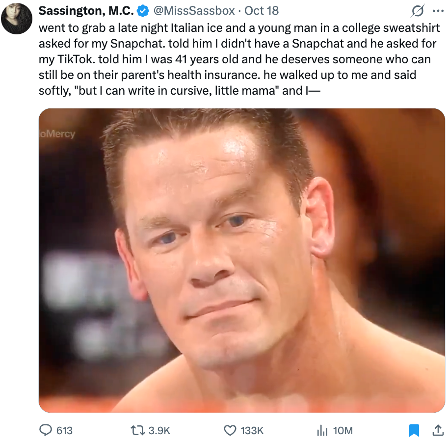 A tweet sharing a humorous anecdote about a young man asking someone in a college sweatshirt for their Snapchat, highlighting a generational gap