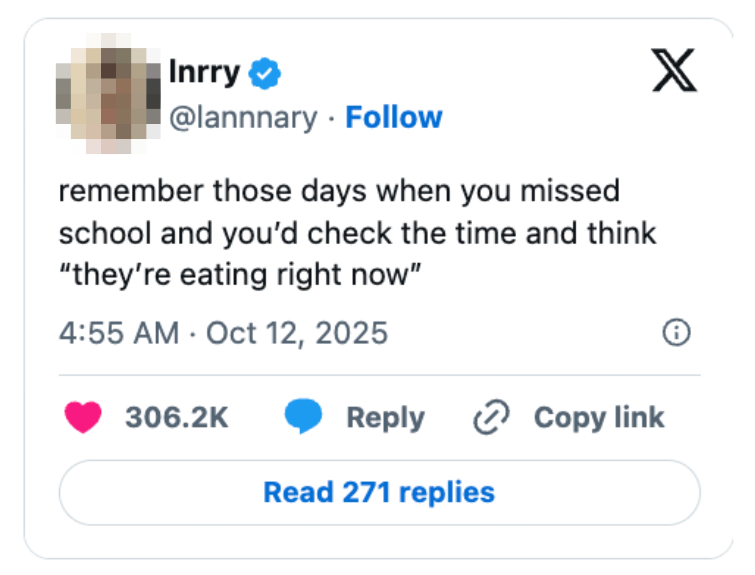 A social media post reminisces about missing school and realizing classmates are eating lunch, with options to like, reply, and share the post