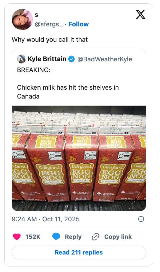 Tweet about "Chicken milk" carton in Canada goes viral, gaining 152K likes and 36K shares
