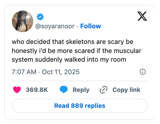 A humorous tweet questioning why skeletons are considered scary and suggesting the muscular system would be scarier if it appeared suddenly