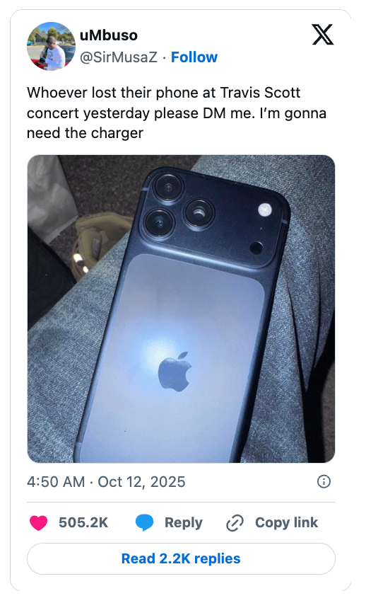 A tweet showing an iPhone found at a Travis Scott concert. The user asks the owner to DM them, needing the charger
