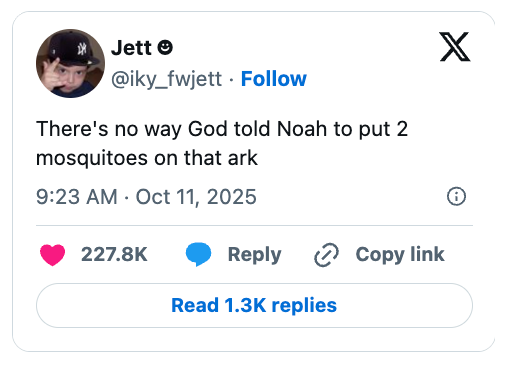 Social media post joking about how Noah was told to put two mosquitoes on the ark, with high engagement metrics shown