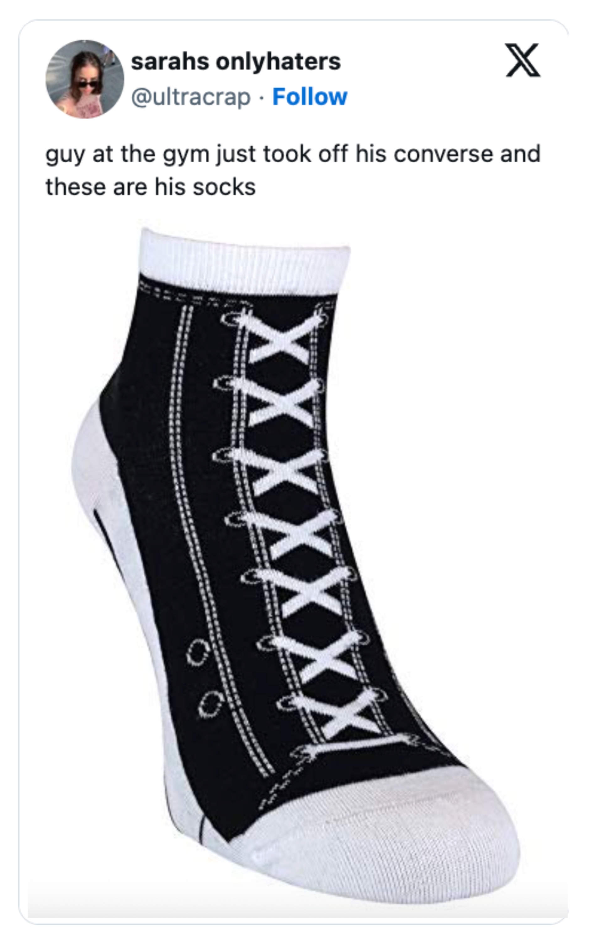 Image of a social media post showing socks designed to look like sneakers. Text reveals someone at the gym wore them instead of Converse shoes
