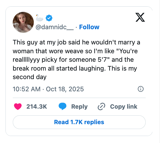 Tweet about a coworker's comment on appearances, humorously highlighting their height. Laughter ensues in the break room; it's the user's second day