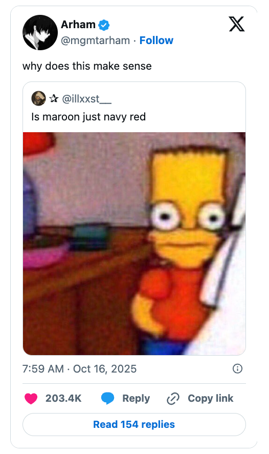 Tweet questioning if maroon is just navy red, featuring a meme with Bart Simpson leaning against a wall with a curious expression