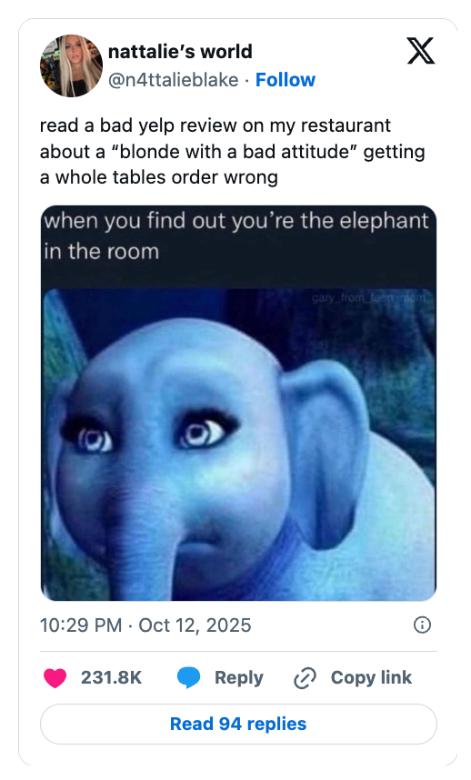 Social media post showing a meme with a blue elephant and text about feeling like the odd one out after a negative Yelp review