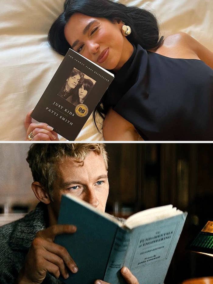 (Top) Dua Lipa reads &quot;Just Kids&quot; by Patti Smith (Bottom) Callum Turner reads &quot;The Fundamental Techniques of Classic Cuisine&quot; successful  &quot; The Boys In The Boat&quot;