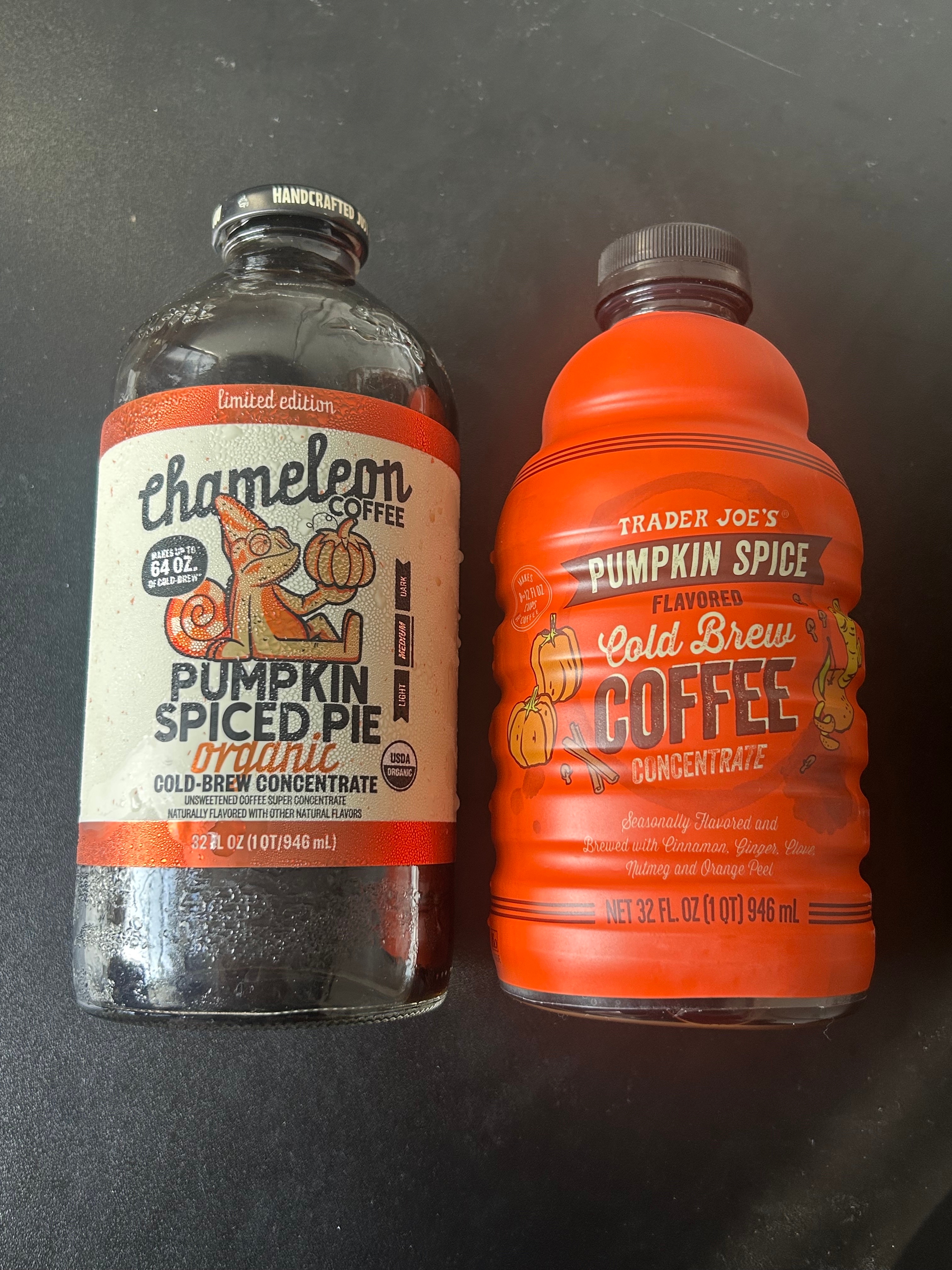 Two bottles of pumpkin spice cold-brew coffee concentrate from Chameleon and Trader Joe&#x27;s brands