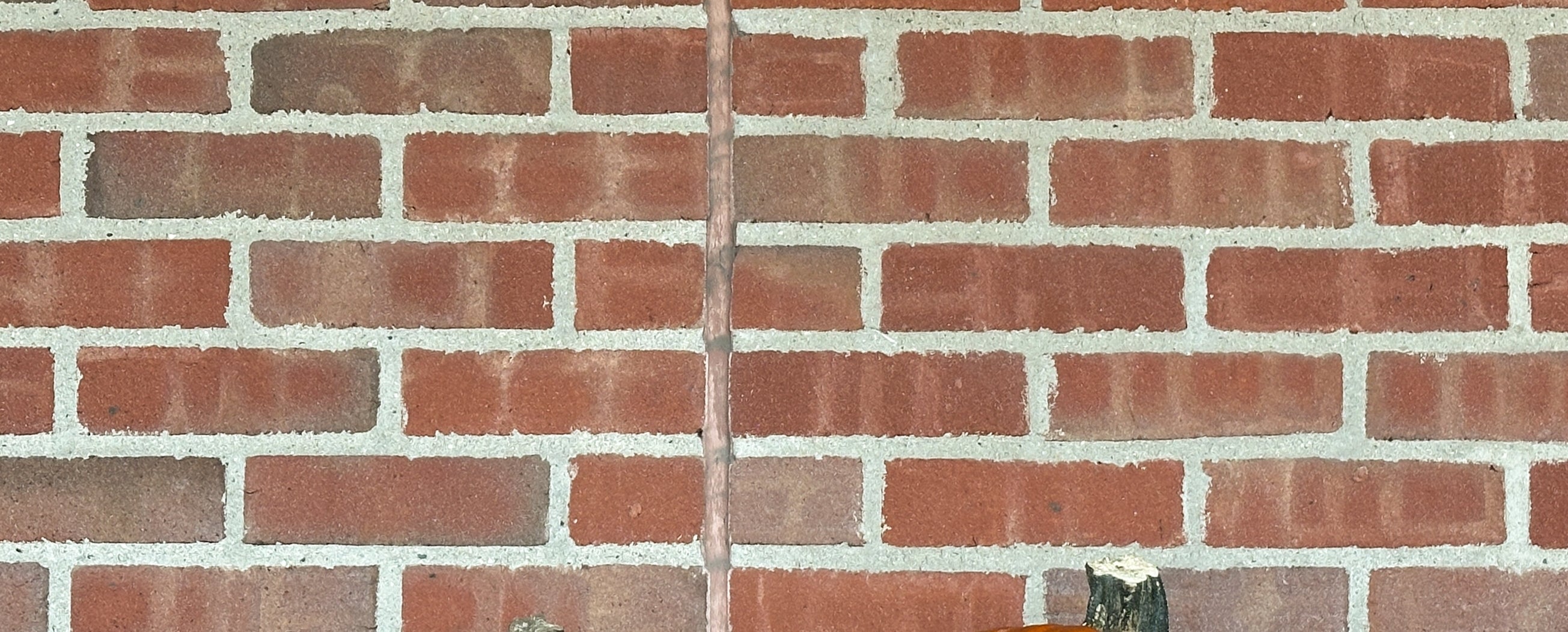 A row of pumpkins lined up against a brick wall, positioned on a wooden bench