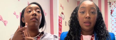 女性がHello KittyデザインのFunko Pop!ボックスを持って説明しています。背景にはカーテンとポスターがあります。
